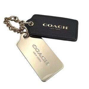 Coach Purse Hangtag Set Black Leather Gold Logo Metal Chain Charm Set 1x2.25"